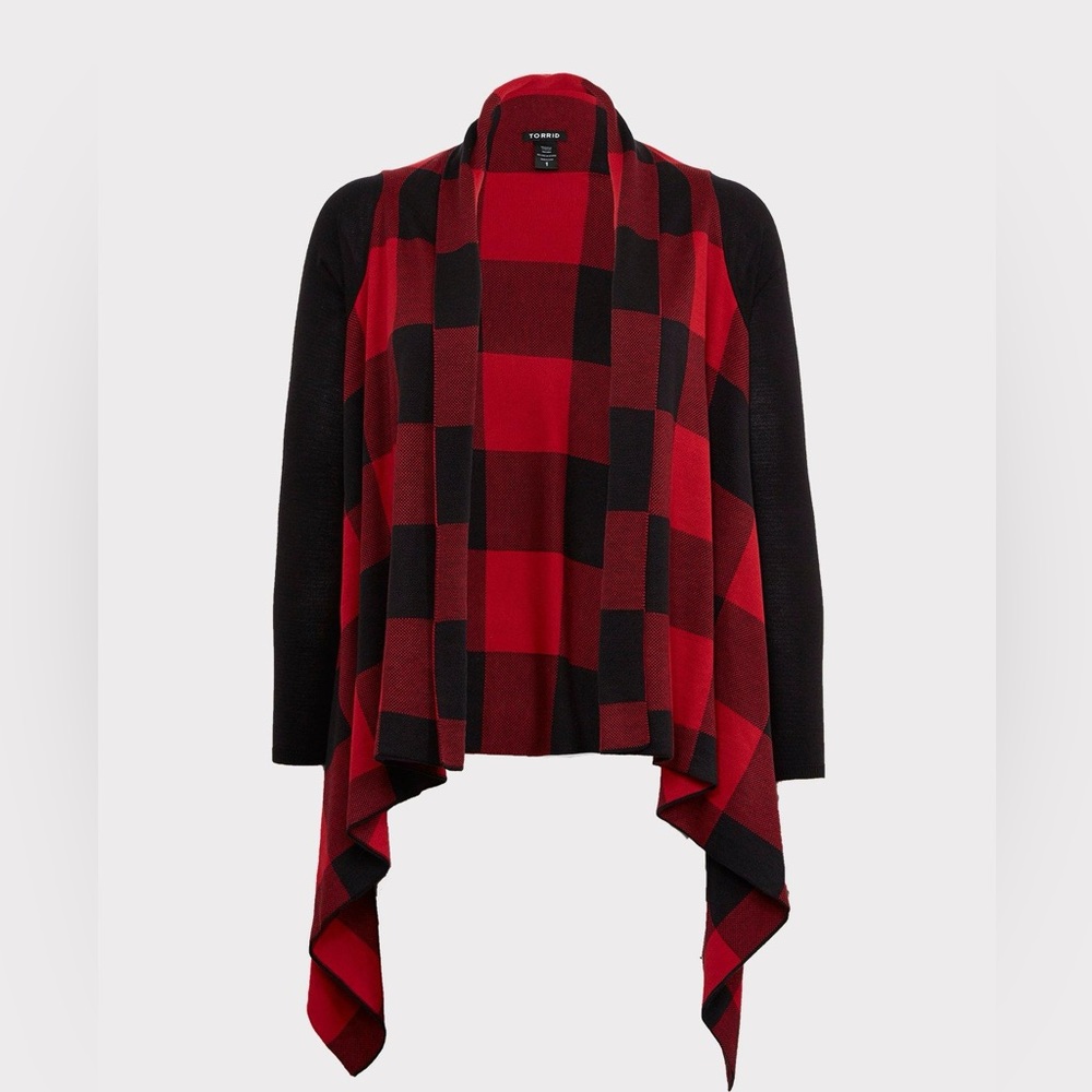 Torrid Red Plaid Drape Front Black & Red Holiday Open Front Cardigan Size 2/18